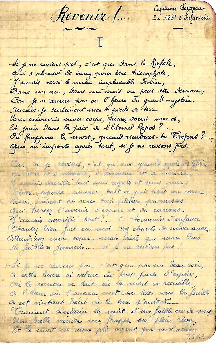 « Revenir ! … » poème du Capitaine Feyzeau du 163ème RI