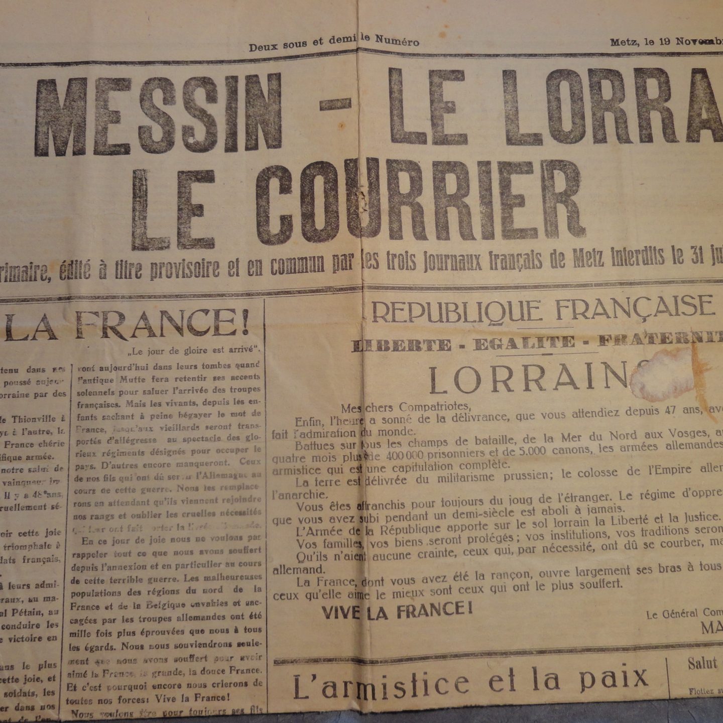 Spécial Centenaire de l’Armistice – lettres de novembre 1918 : Parution d’une Presse enfin libérée